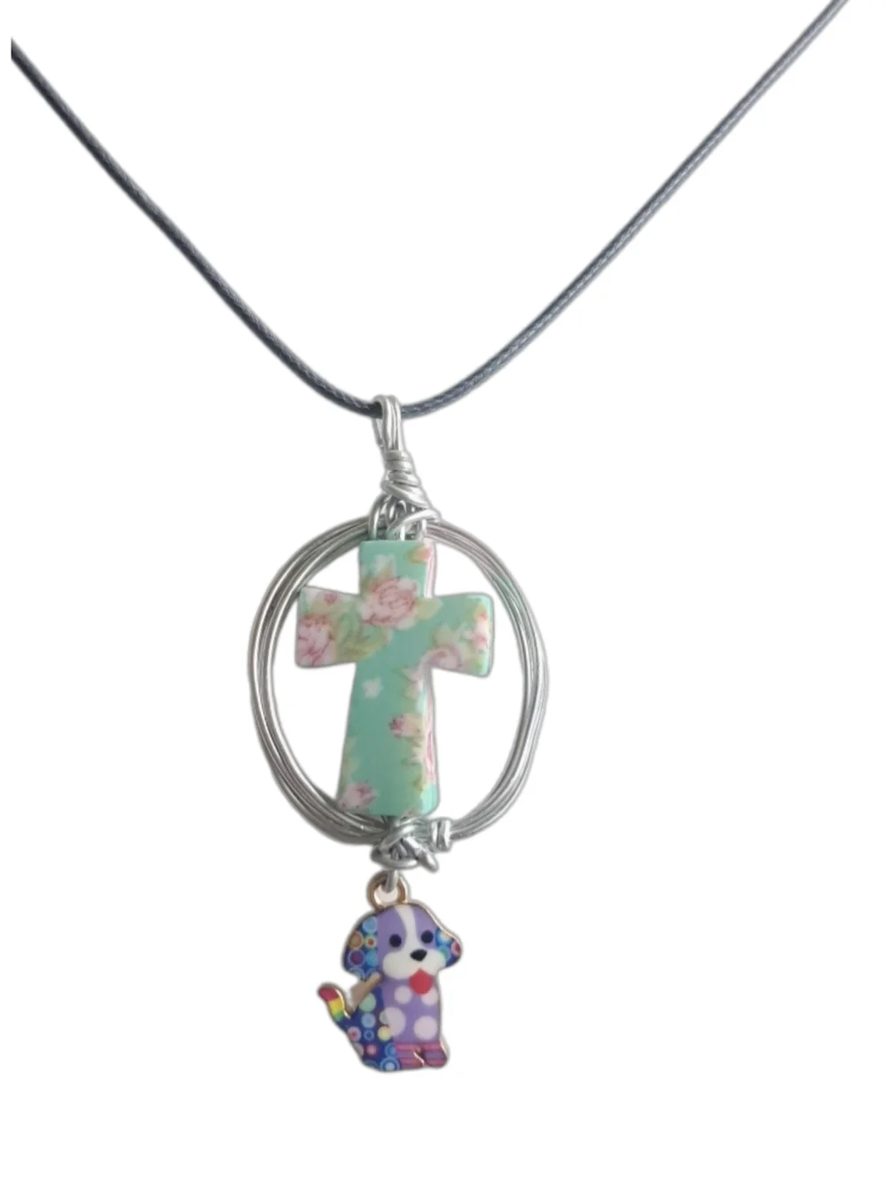 Floral Mint Cross Pendant & Colorful Puppy Charm w/ Cord Necklace| NWOT